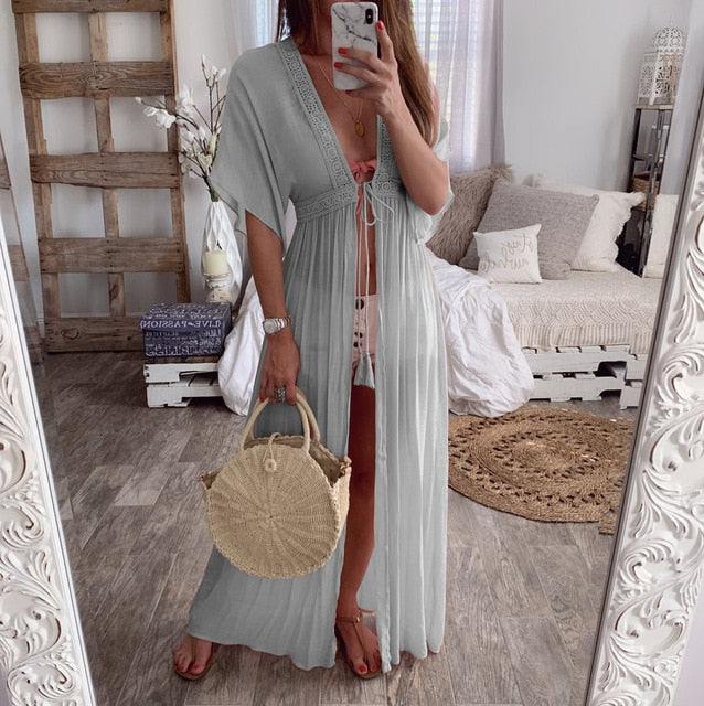 Solid Lace Beach Cover Up - Yellow / L Solid Lace Beach Cover Up - Yellow / L